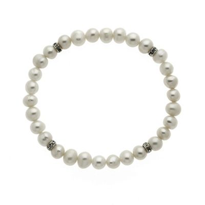 White freshwater pearl and CZ rondel stretch bracelet